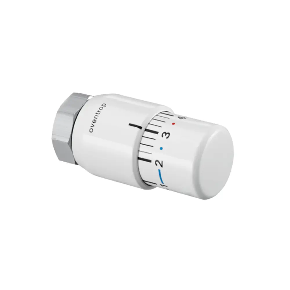 Thermostat von Oventrop in Weiß mit drehbarem Einstellknopf und Skala für Temperaturregelung. Fluide Fühlertechnologie für präzise Steuerung.